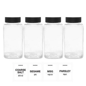 홈앤라이프 투명사각 PET 양념통 200ml 세트, 1세트, 양념통 4p + 검정캡 4p + 스티커 4p(굵은소금 + 참깨 + 마법가루 + 파슬리)