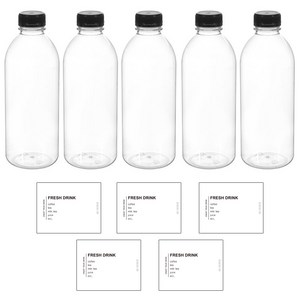 밀폐용기 쥬스병 1000ml x 5p + 커피 티 밀크티 쥬스 방수라벨 스티커 5p, 1세트