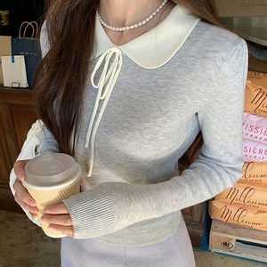페이퍼먼츠 여성용 배색 둥근 카라넥 리본 니트 티셔츠 08672