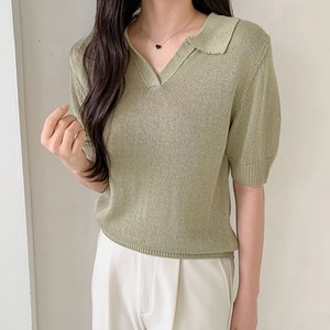 뜨개진 여성용 린넨 심플 오픈 랜서 카라넥 반팔 니트