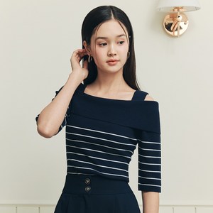 제로스트릿 여성용 반팔 스트라이프 오프숄더 스웨터
