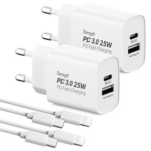 서가 25W PD3.0 PPS 2포트 멀티 초고속 충전기 C타입+ 20W PD C to 8핀 케이블 1m, 화이트, 2세트