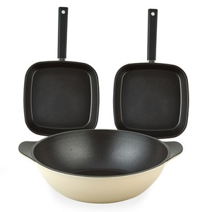 퀸센스 샌드 후라이팬 세트 3개, 베이지, 사각팬 27cm x 2p + 파티웍 28cm, 1세트