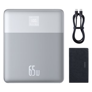 베이스어스 블레이드2 고속 대용량 7.3mm 보조배터리 12000mAh 65W + C타입 고속 충전 케이블 세트, PBLD2-65, 호리즌 실버(보조배터리), 화이트(케이블)