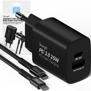 서가 25W PD3.0 PPS 2포트 멀티 C타입 초고속 충전기+60W 메탈 고강도 CtoC 초고속 케이블 1.5m, 블랙, 1세트