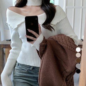 비비에모 여성용 러플 카라 오프숄더 슬림핏 니트 06038