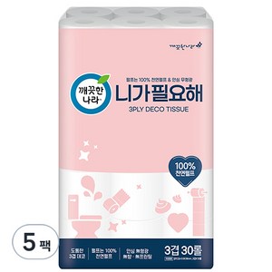 깨끗한나라 니가 필요해 천연펄프 3겹 고급롤화장지, 22m, 30롤, 5개