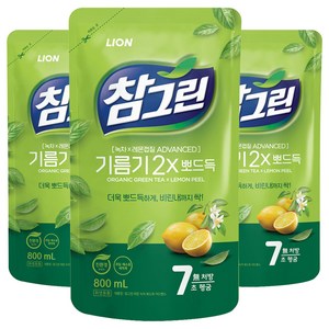 참그린 기름기 2x 뽀드득 일반주방세제 리필, 800ml, 3개