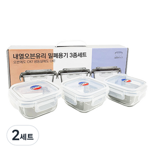 정사각 오븐글라스 내열유리 밀폐용기 320ml x 3p 세트, 2세트