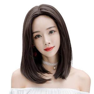 하이유니 레이어드 C컬 펌 중단발 헤어 단발 통가발 가발 45cm + 가발망 + 거치대 세트, 브라운블랙, 1개