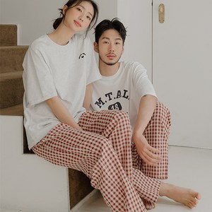 파란 남녀공용 커플 베이직 깅엄체크 9부 파자마 바지