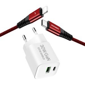 스타쉴드 30W GaN USB PD PPS 멀티 고속충전기 + PD C to 라이트닝8핀 아이폰 고속충전 케이블 1.2m 세트, 1세트, 화이트(충전기), 레드(케이블)