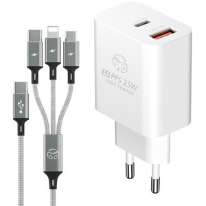 디지지 PD 25W PPS 2포트 초고속 충전기 + 3in1 스카이메타C 멀티 케이블 200cm 세트, 화이트(충전기), 메탈실버(케이블), 1세트