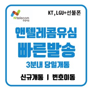 앤텔레콤 정품 선불유심 선불폰(kt lg) 공식 주말개통가능 자급제사용가능 당일개통 빠른개통, KT망유심, 1개