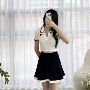 스쿨룩 캐주얼 테니스룩 국내생산 안나 카라 플리츠 스커트 투피스 세트 꾸안꾸룩 치마바지