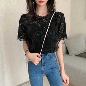 리치밤 레이스 블라우스 여성 반팔 티셔츠