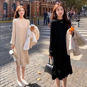 로맨틱 웨이브 골지 니트 롱 원피스 여성