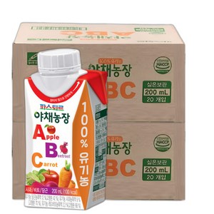 파스퇴르 실온 야채농장 ABC쥬스 200ml (40팩) 100%유기농주스, 40개