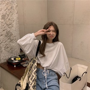 ANYOU 여성 데일리 박시 긴팔티 라운드넥 캐주얼 티셔츠