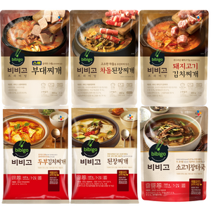 hj마켓 CJ 비비고 즉석 찌개6종(스팸부대찌개+차돌된장찌개+돼지고기 김치찌개+두부김치찌개+돼지김치 콩비지찌개+된장찌개) 1세트, 460g