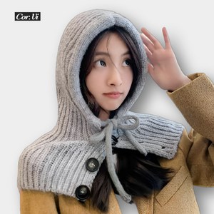 케이바바 남녀공용 끈조절 니트 바라클라바 후드모자, 단추_그레이