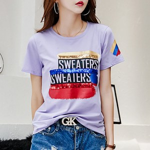 데일로엔 여성용 글리터 스팽글 프린팅 반팔 티셔츠