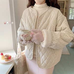패딩 노카라패딩 여성 귀여운 꽃무늬 빈티지 자켓 아우터 여성 양털 퀄팅 코튼 점퍼 숏 아가일 포인트 여성코트 QOYO