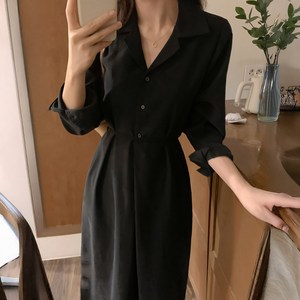 쪼예 청순 하객룩 카라 허리끈 옆트임 긴팔 셔츠 롱 원피스