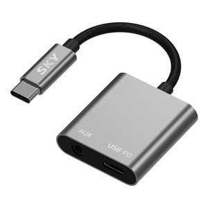 스카이 USB-C to 3.5mm 오디오 AUX + C타입 고속충전 2in1 듀얼 변환 젠더, 그레이, 1개