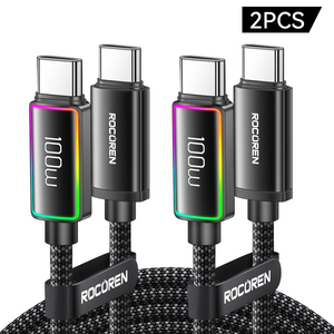 Rocoen LED PD 100W c to c 유형 초고속 충전 케이블 USB C 100W 알루미늄 합금 조명 디스플레이 케이블 데이터 전송, 2개, Black, 1000mm