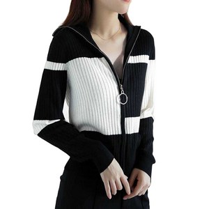 ROYALBELLE 여성 골지 니트 집업 가디건 외투 배색 슬림핏 스웨터 상의 캐주얼룩 V30416