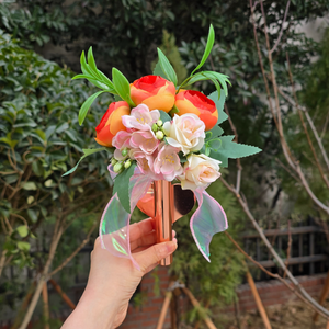 벚꽃상점 납골당 부착식 조화 꽃다발 성묘꽃 봉안당 산소꾸미기, 1개, 살구색장미+로즈골드화병