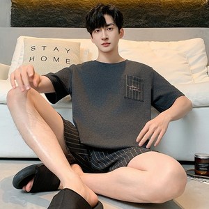 Wiseha 고급 순면 남자 잠옷 반팔 소프트 여름 라운지웨어 홈웨어 세트