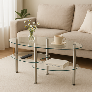 프리미엄 3단 타원형 투명 강화유리 거실 카페 데일리 테이블, 은색