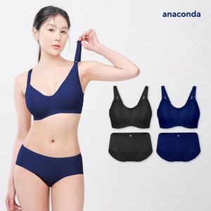 아나콘다이너웨어 더핏브라 브라팬티 4종 SET (블랙+미스코리아블루) 노와이어 심리스브라 새가슴 처진가슴 볼륨업 브라렛 무봉제브라