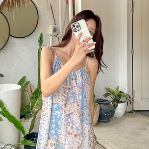 [44~77] 비키비키 플로리다 원피스 끈 맥시 롱 루즈핏 빅사이즈 플라워 패턴 민소매 여름 휴양지룩 바캉스 비치웨어