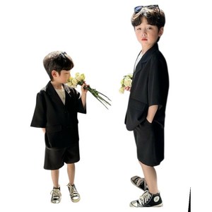 해피팡팡 - 키즈 남아 주니어사이즈까지 상하복 자켓 반바지 블랙정장세트 [럭키썸머블랙반바지정장셋 - 자켓+반바지set ] 자켓 반바지 세트 유아 어린이 블랙정장세트 여름정장세트