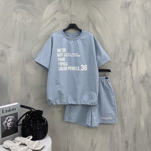 [행복여] 아브틴 레터링 캐쥬얼 밑단 스트링 바스락 밴딩 반바지 세트