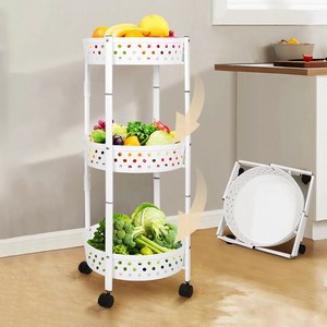 OMBRY 주방 선반 원터치 접이식 야채 과일등 다용도 원형 3단 수납 트롤리, 횐색