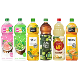 [한번에먹자] 1.5L 과즙음료 6종 혼합세트 ( 코코팜복숭아 + 코코팜포도 + 망고 + 초록매실 + 갈아만든배 + 제주감귤 ) 업소용 사무실음료 가정용 식자재, 6개, 1500ml