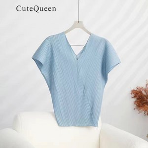 CuteQueen 여성 셔링탑 브이넥 루즈핏 반팔 플리츠티셔츠 chanye598