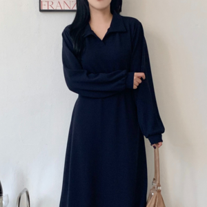 더한땀 소프트 카라 허리끈 긴팔 롱 원피스