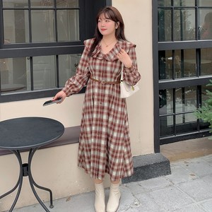 쥬엔리치 XL-4XL 여성 빅사이즈 롱 원피스 체크 JR2587