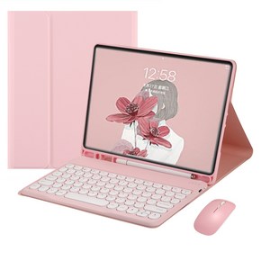 핀흔(PINHEN) 아이패드 시리즈 케이스 블루투스 한글 키보드 마우스 세트, 핑크, 아이패드 7세대/8세대/9세대