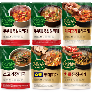 [꾸리미] CJ 비비고 즉석 찌개 6종(스팸부대찌개+차돌된장찌개+돼지고기 김치찌개+두부김치찌개+소고기장터+된장찌개), 1세트, 500g