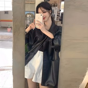 IBOY UGIRL XU0366C 여성 카라넥 버튼 오버핏 가죽 라이딩 자켓