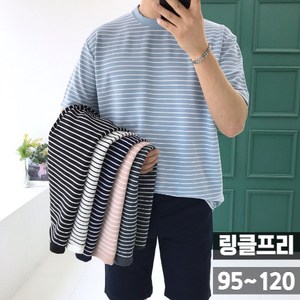 (95-120)남자 스트라이프 반팔티 오버핏 쫀쫀스판 링클프리 단가라 티셔츠 빅사이즈