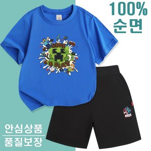 100% 순면 어린이 반팔 반바지 상해복 세트 마인크래프트 캐릭터 여름 티셔츠 운동복