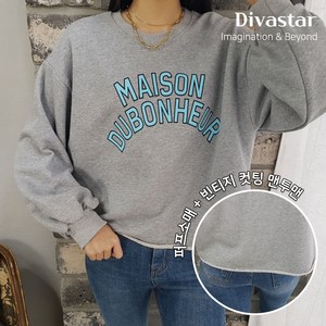 상상그이상 여성용 국내제작 두보 퍼프맨투맨 배색 영문 레터링 빈티지한 밑단 컷팅 포인트 탄탄한 원단 비비드컬러 편안한 데일리 맨투맨 캐주얼룩