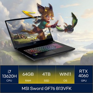 MSI Swod GF76 게이밍 노트북 17.3 코어i7 인텔 13세대 지포스 RTX 4060, 블랙, 4TB, 64GB, WIN11 Home, GF76 B13VFK